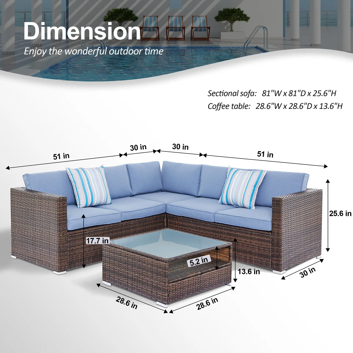 All-Weather Wicker Outdoor Furniture Warm Brown Patio Sectional Sofa with Thick Cushions Glass-Top Coffee Table Parks Courtyards