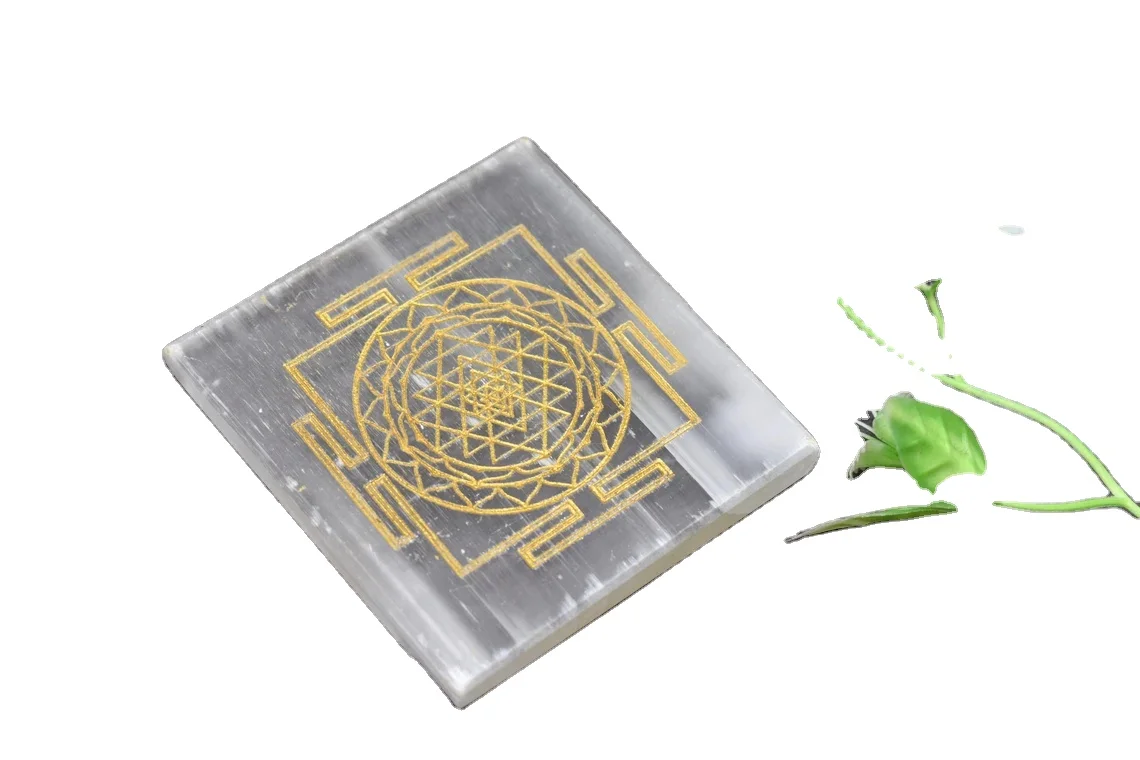High Quality Selenite Charging Plate with Shri Yantra Engraved Hand Carved 3 Inch Shri Yantra Selenite Plate for Chakra Balance