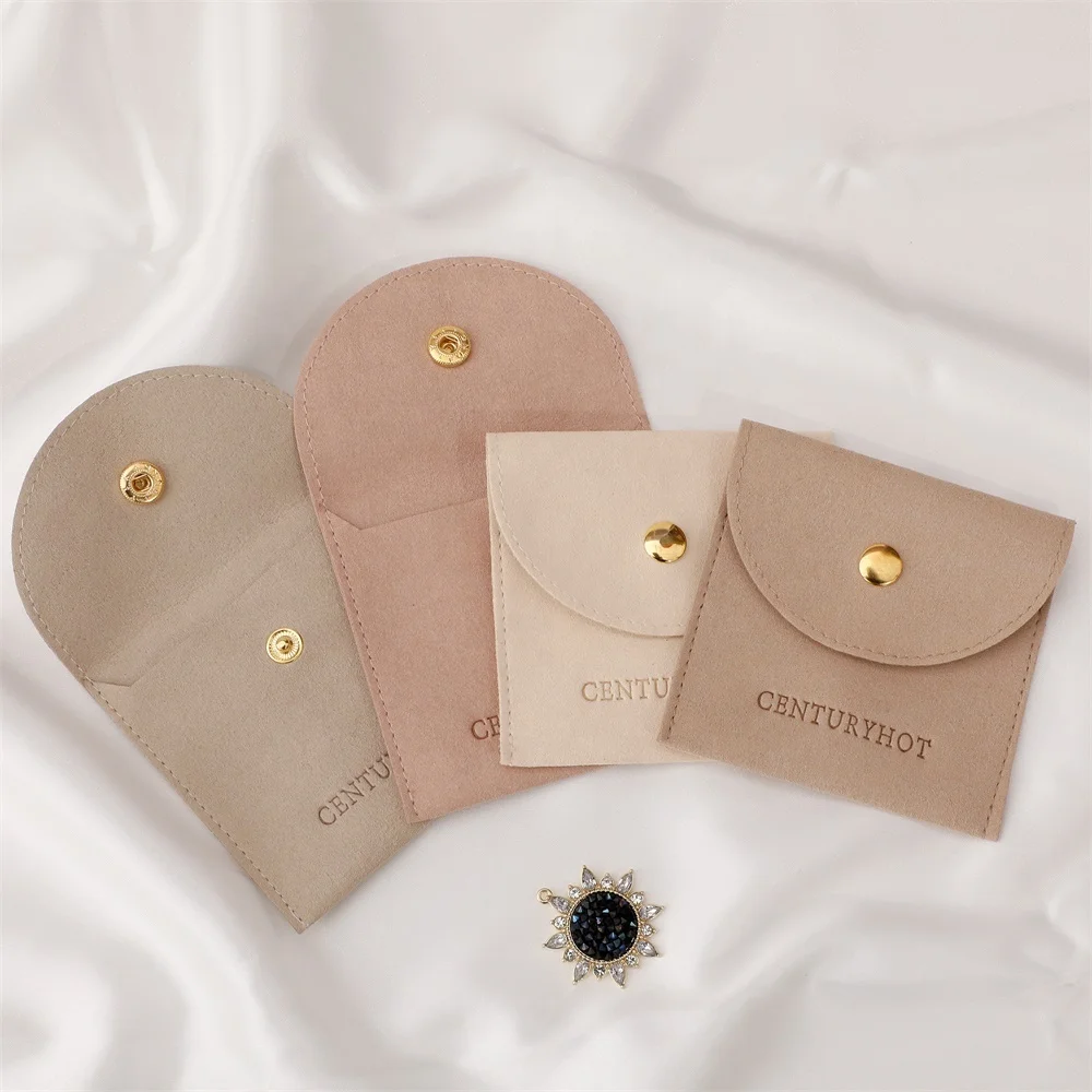 Custom  Khaki Microfiber Jewelry Pouches , Jewelry Packaging Button Bags, Handmade Round Jewelry Pouch with Logo