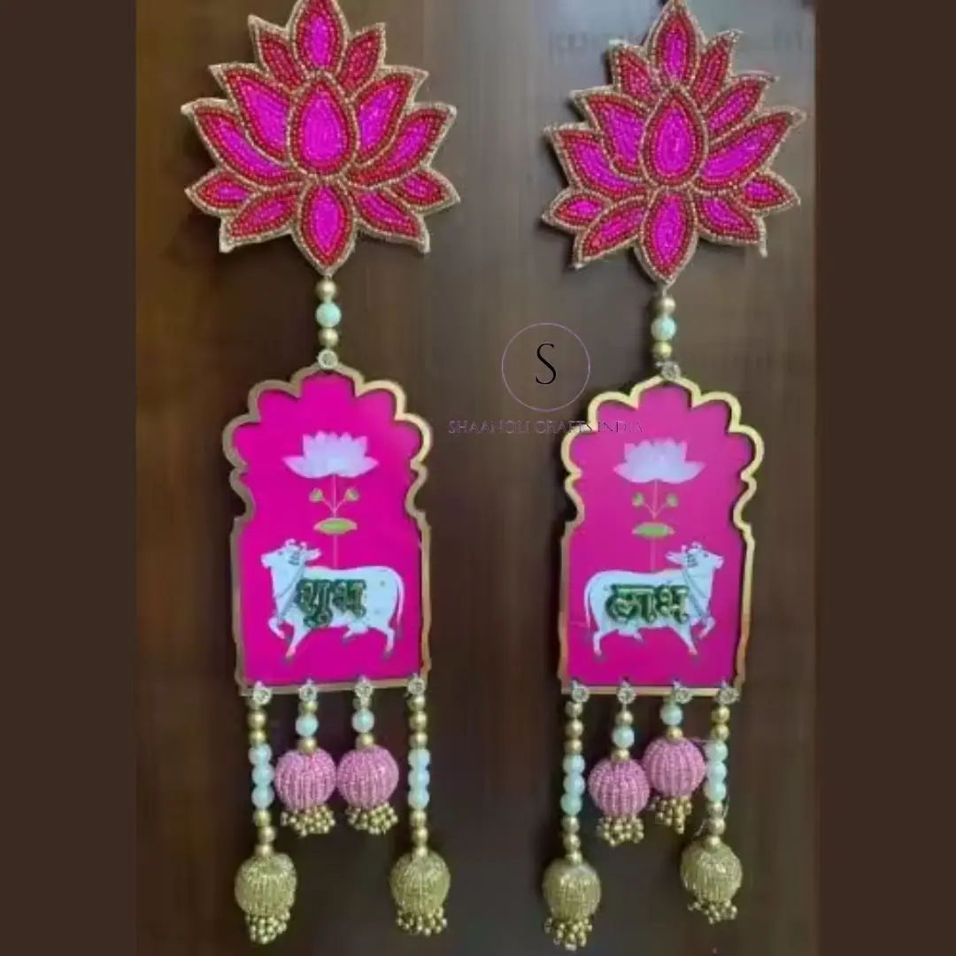 Indian MDF Decoration Puja Decor Pichwai Cow Printed Shubh Labh With Golden Beads Door Hanging With Beads For Diwali Decorations