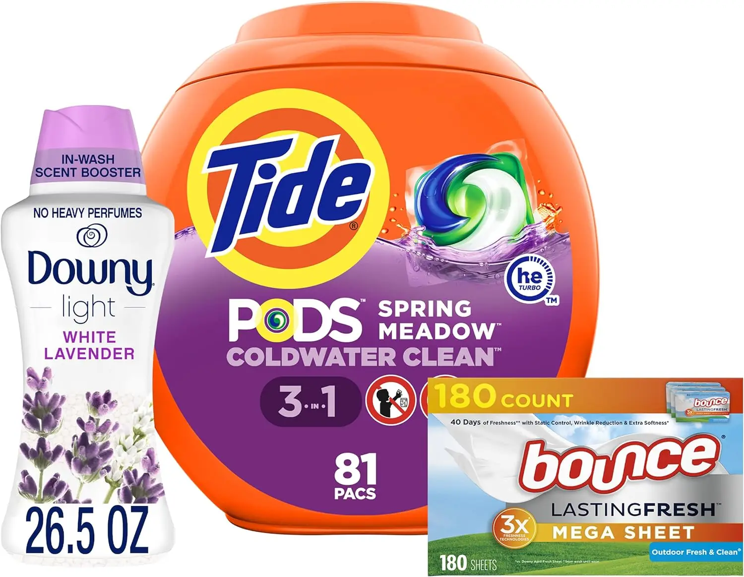 Tide Laundry Budget: Tide Pods, 81ct; Downy Light Scent Booster Beads, 26.5 Oz; Bounce Mega Dryer Sheets, 180ct