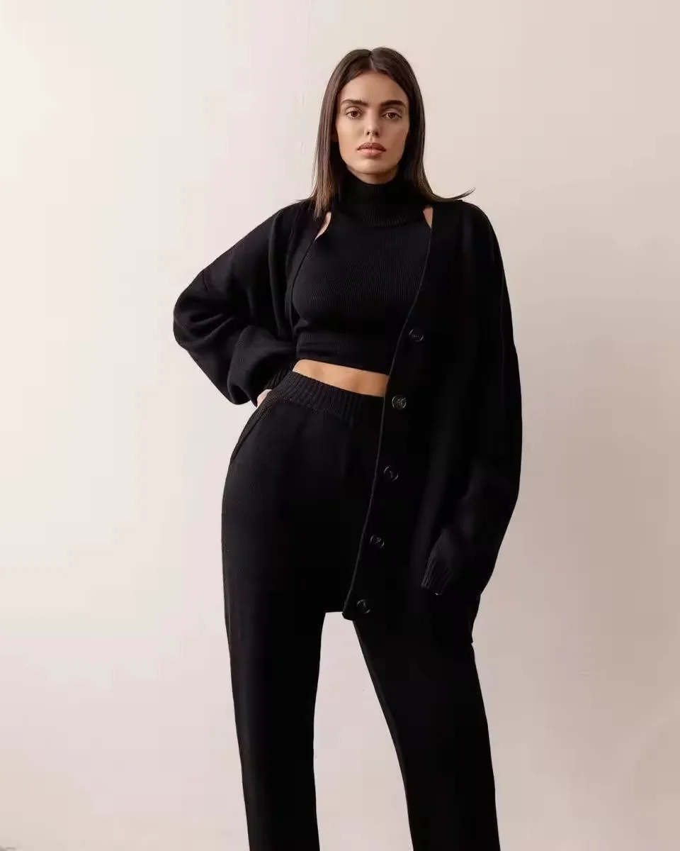 Logo Custom Ladies Cashmere 3 Pieces Set High Neck Knit Pullover Vest Long Pant Oversize Cardigan Casual Women Sweater Set