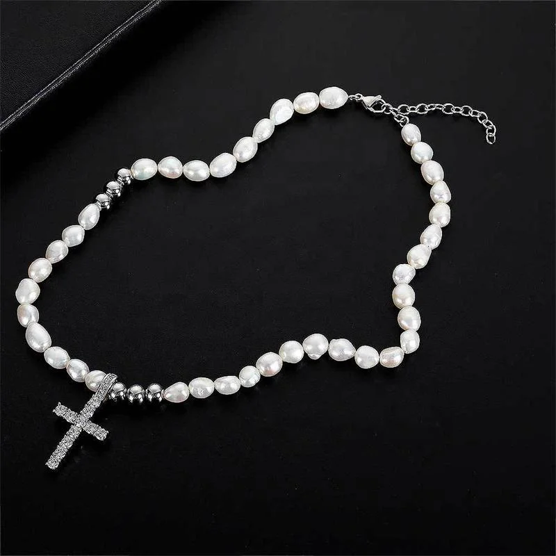Hip hop brass and zircon cross pendant with natural pearl chain necklace for women men