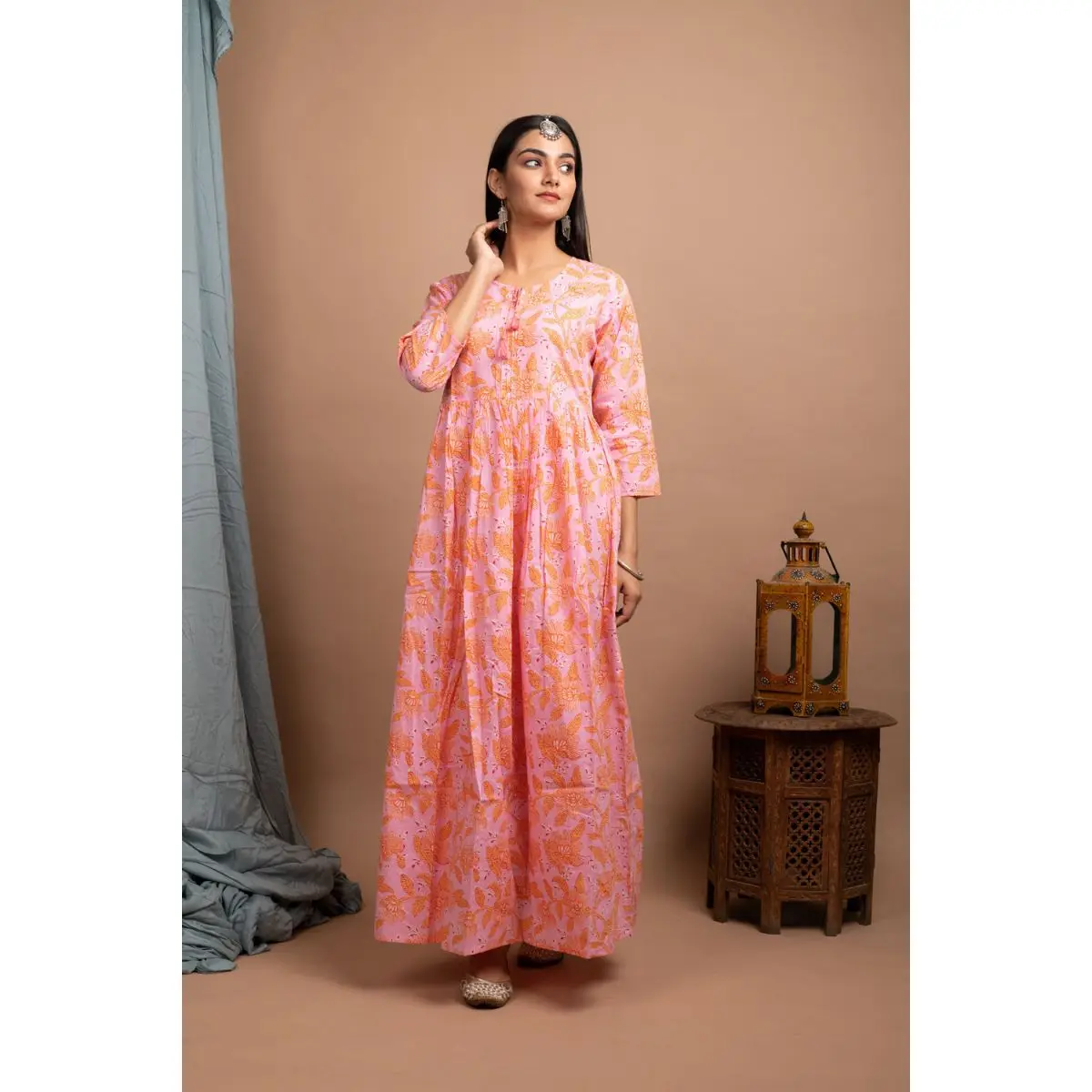 Индийское высококачественное дизайнерское длинное платье Kurti kurta из хлопка розового цвета с принтом для женщин