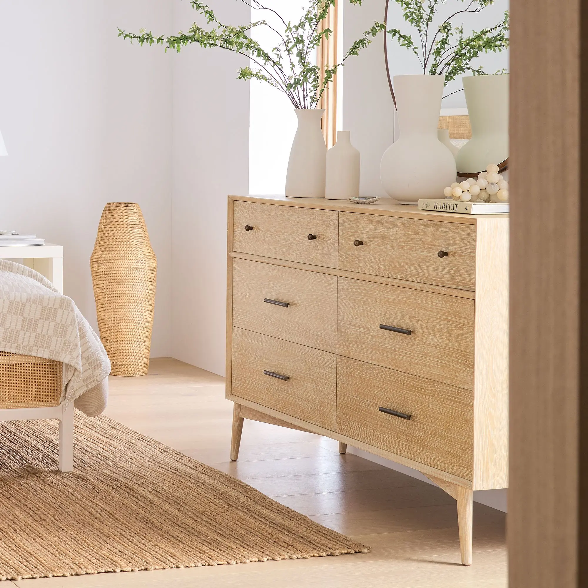 Mid Century Dresser 6 Drawers Wooden Material Natural Color and White Washed Bedroom Home Furniture