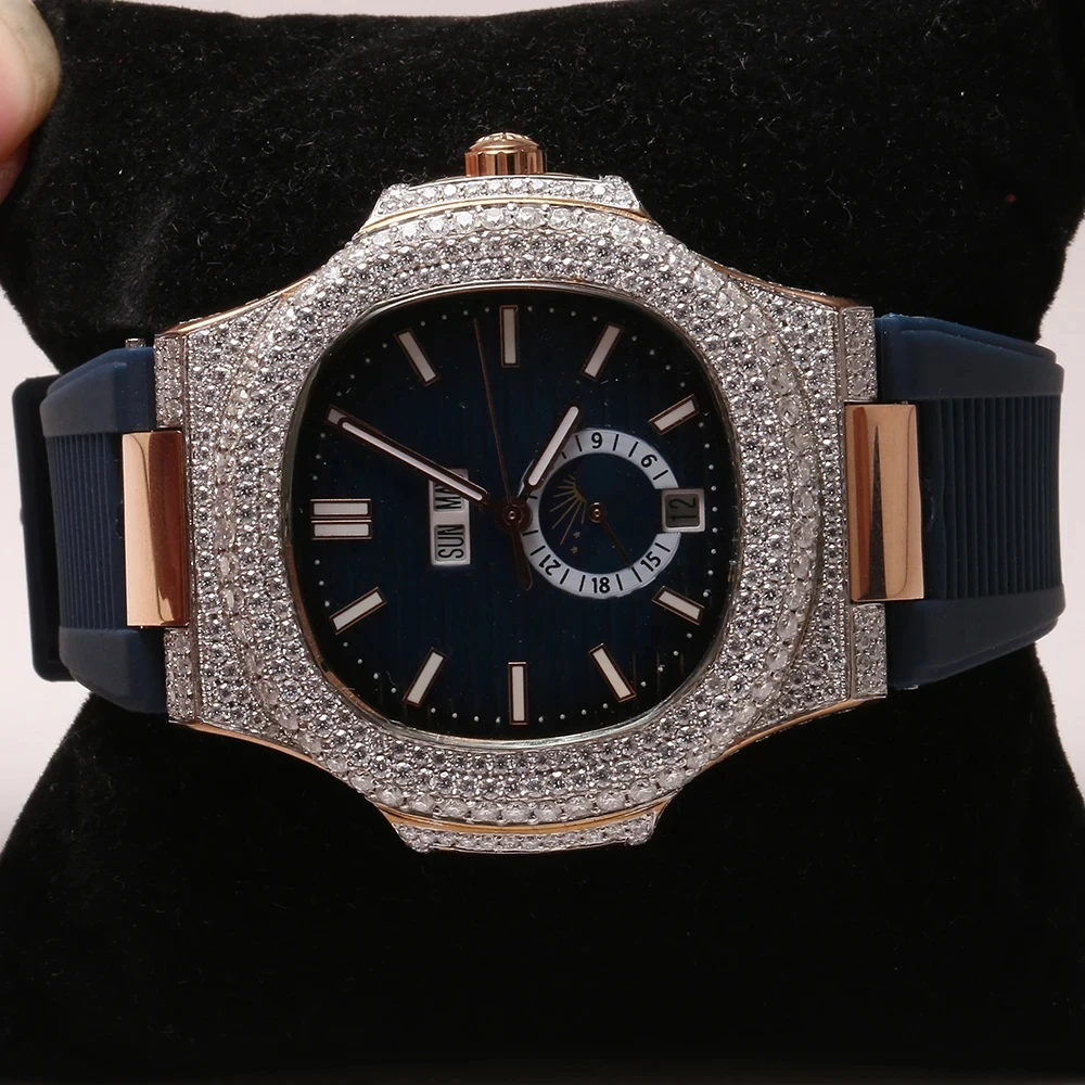 GRA Certified Diamond Watch Hip Hop Luxury Customized Yellow Gold Black Iced Out VVS Moissanite diamond Mechanical Watch