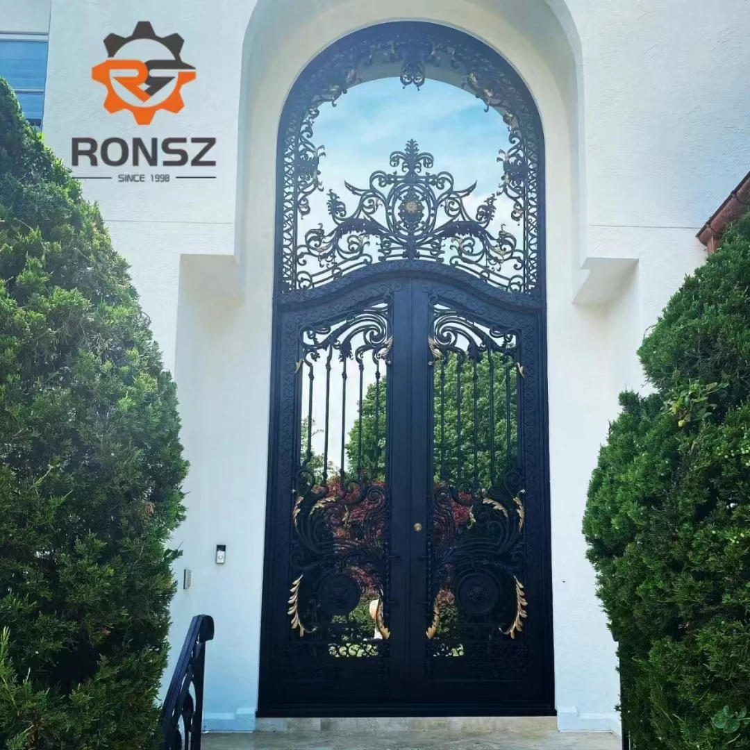 decorative small arched transom design security exterior vented glass double swing open outside wrought iron front entry door