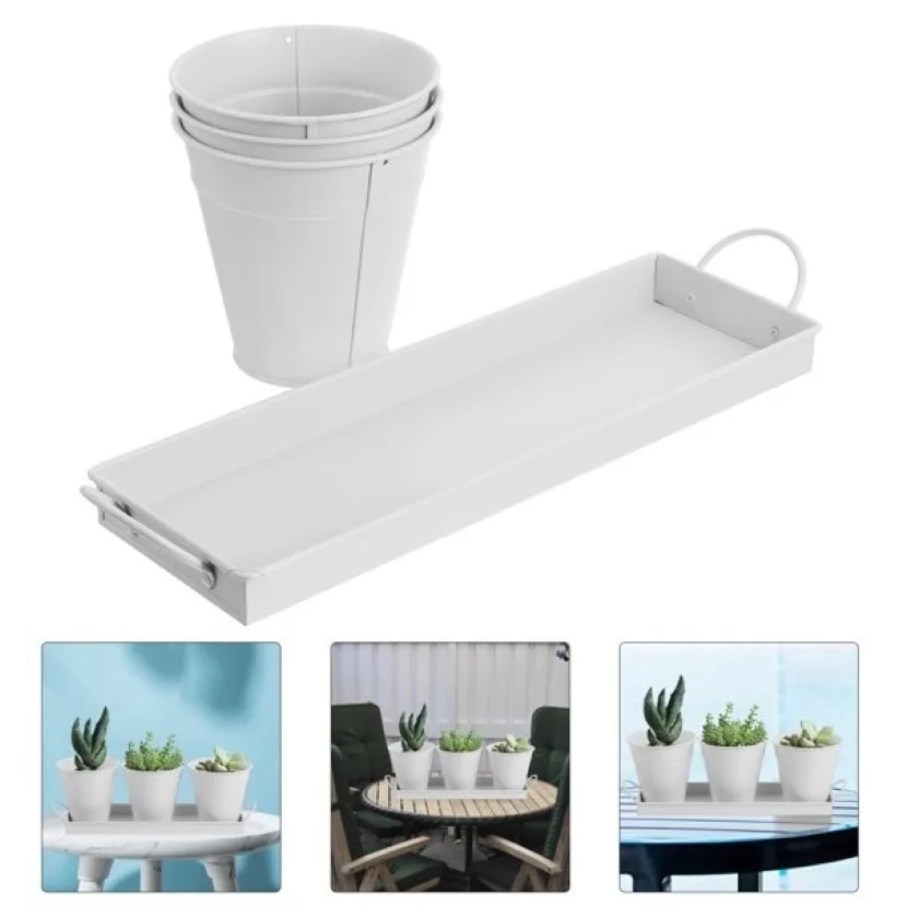 Best Quality  4 Piece Galvanized Iron Planter Small Pots and Removable Display Tray with White Finished for Flowers and Herbs