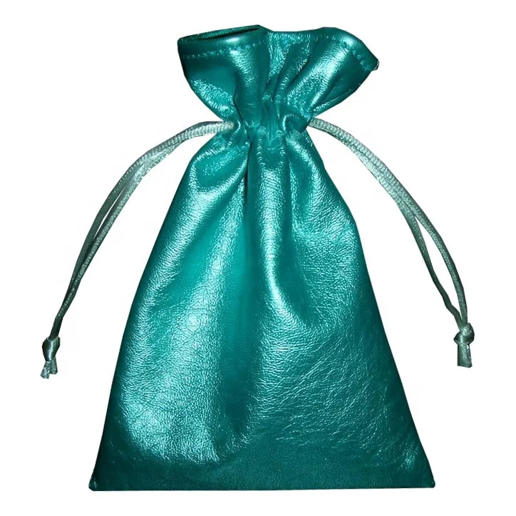 PU Leather Fabric Inside Satin Lining Poly Silk String Closure Drawstring Jewellery Packaging Bag Pouch For Cosmetic Packaging