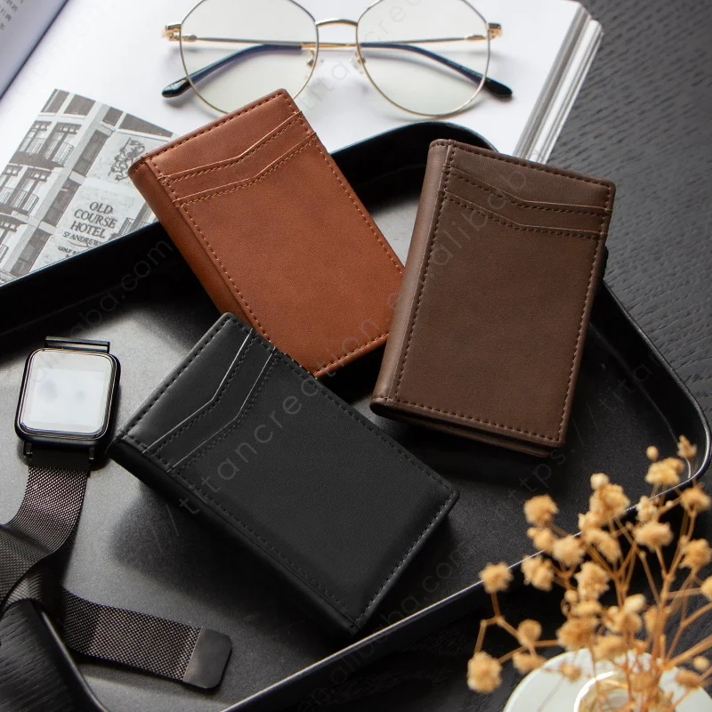 TILONSTAR TVC329 Pop Up Rfid Card Holder With Id Windows Slim Leather Aluminum Credit Card Holder Wallet For Men