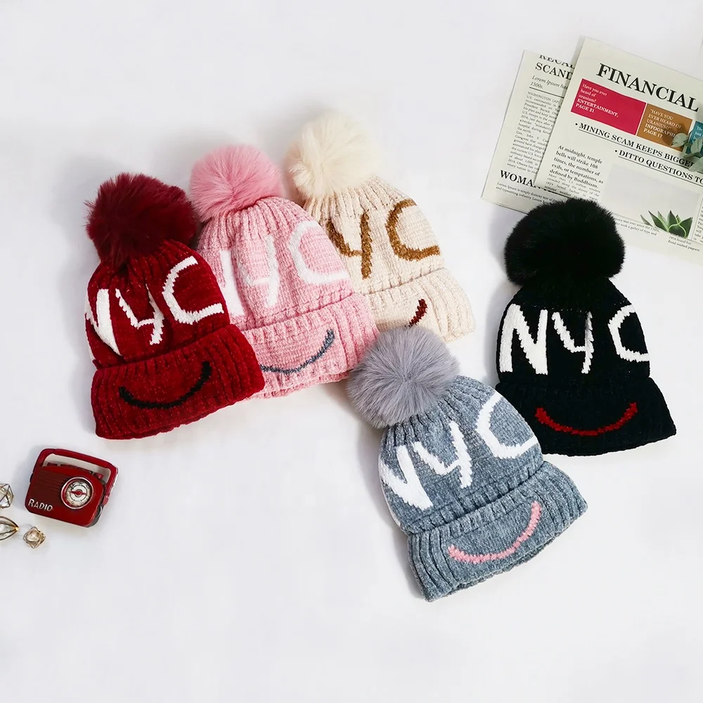Kids Winter Chenille Knitted Skull Cap NYC Jacquard Letters Fashion Pom Pom Toque Boy Girls Soft Warm Cuffed Beanie Hats