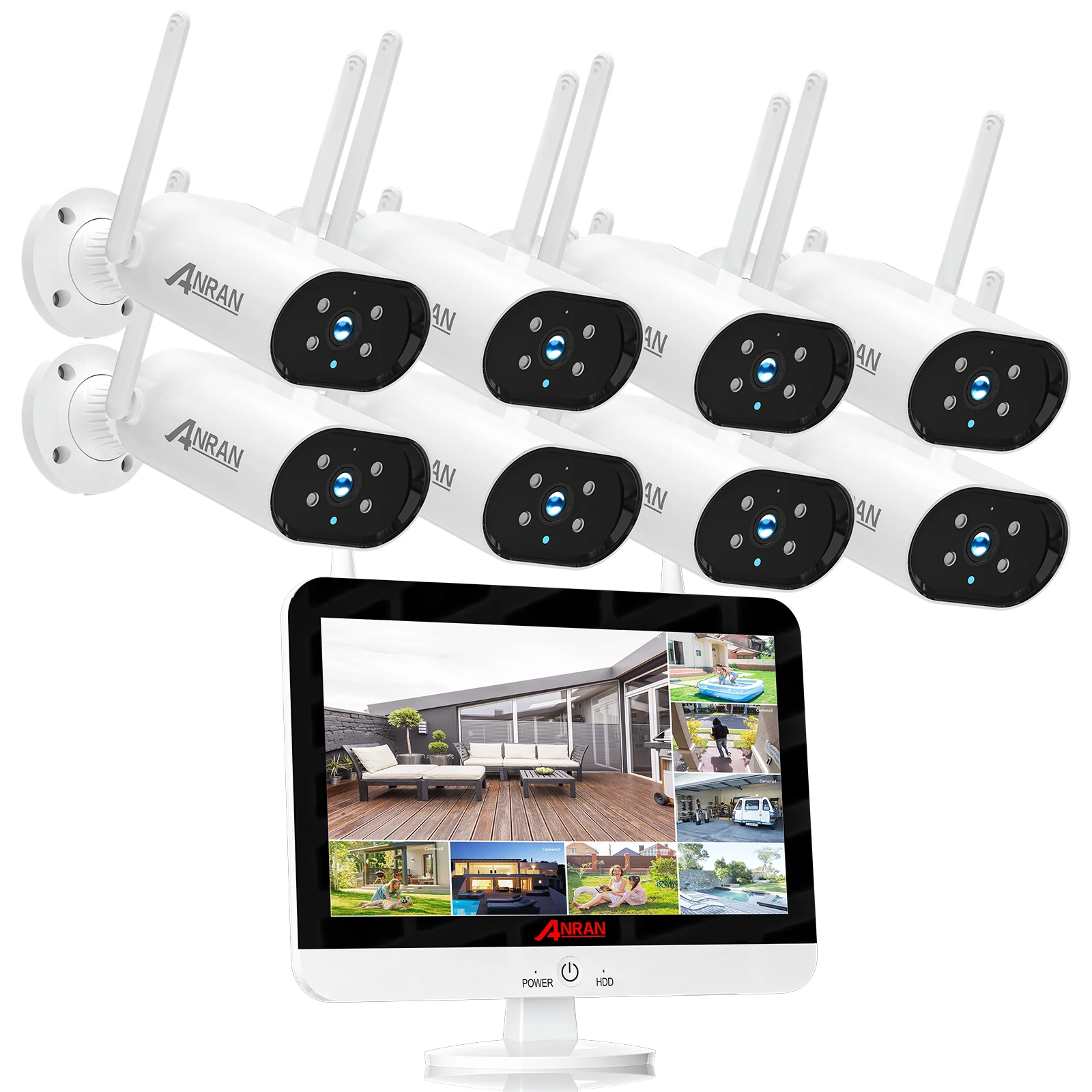 ANRAN 8CH Outdoor Camera 1920P WiFi Wireless Video surveillance camera cctv set with 12.5 inch lcd monitor