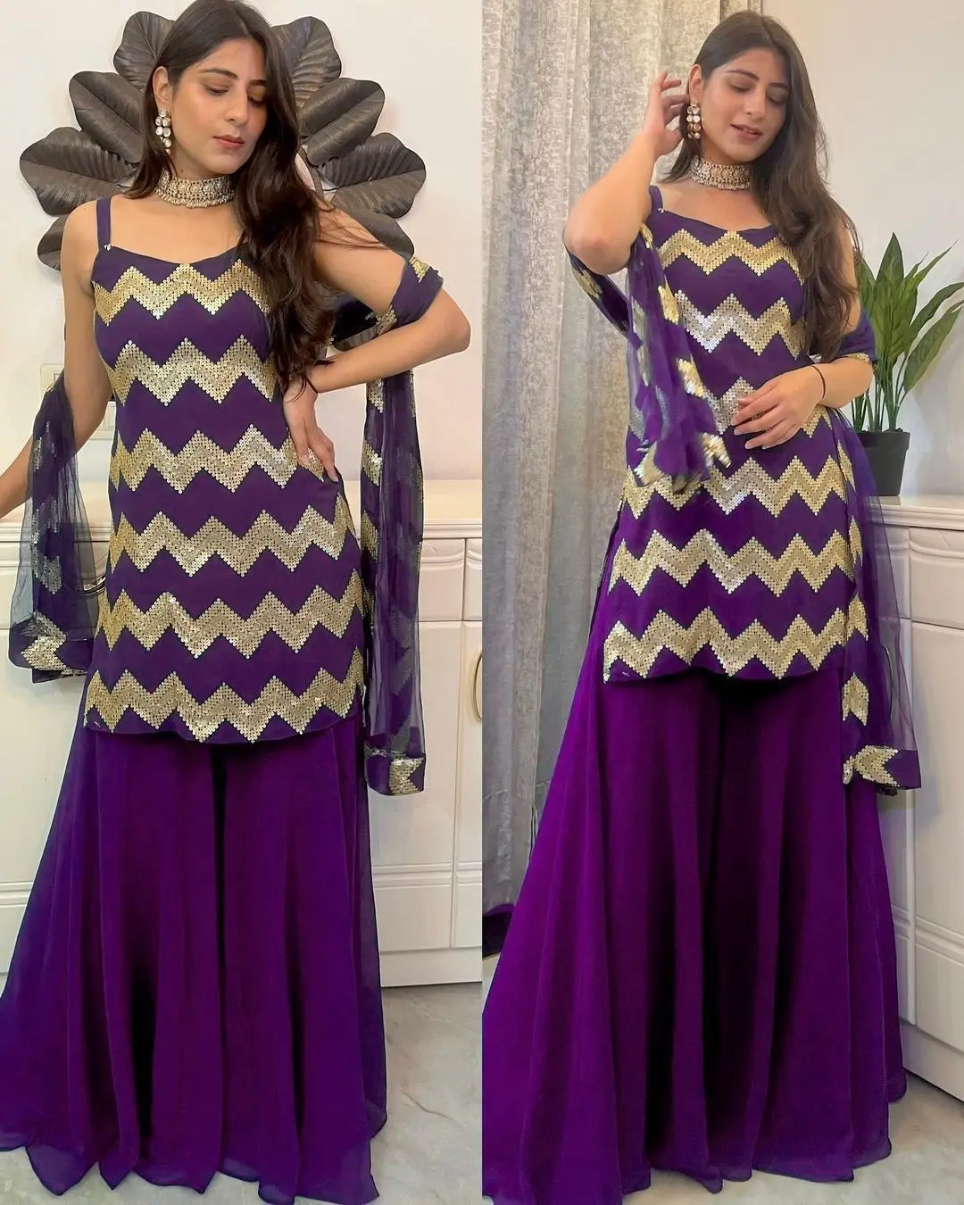 Beautiful Designer Suit  Georgette Febrics With Inner And Sequnce Work And Sharara Also