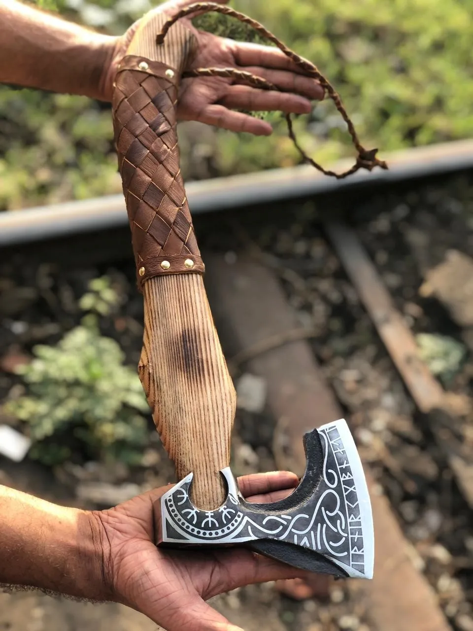 Custom Handmade Viking Axe with Amazing Engraved Handle and Leather Wrapping Custom Made Axes For Sale