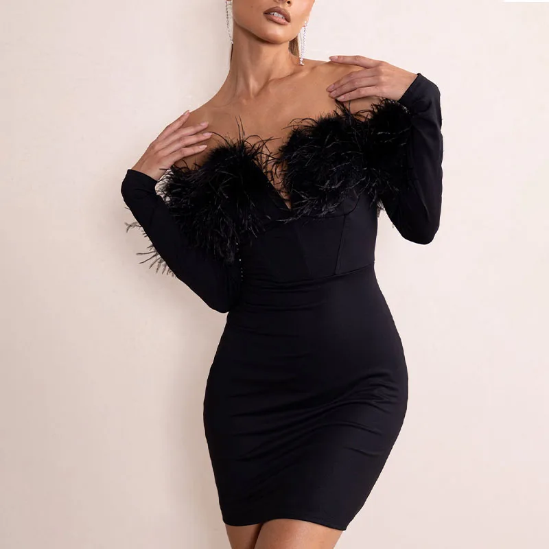 Plunge Neck Bardot Feather Trim Detail With Black Backless Off Shoulder Premium For Women Evening Long Sleeve Sexy Mini Dress