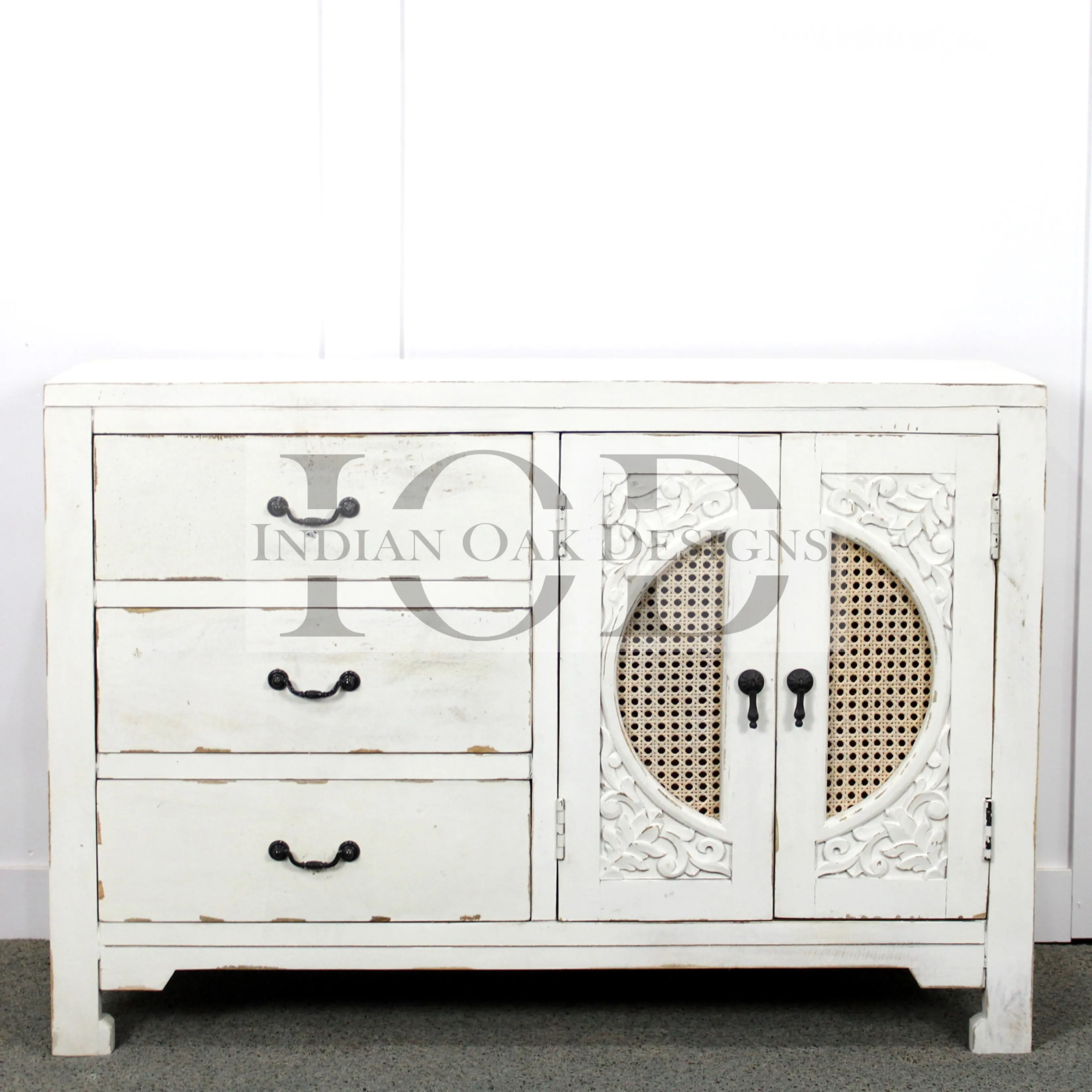 Indian Rattan Distressed Shabby Chic Natural Wooden Wicker Handmade Hand Carved Rattan Storage Cabinet Dresser Buffet Cupboard