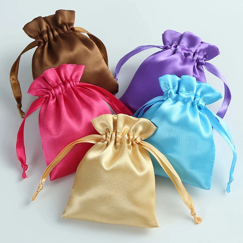 Custom Printed Logo colorful rose gold drawstring satin silk gift packing bag pouch