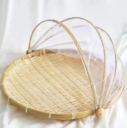 Mosquito proof food tray Bamboo Basket Storage Picnic Tray Baskets Plateau Moustiquaire with cover Foldable Net Lid 2024