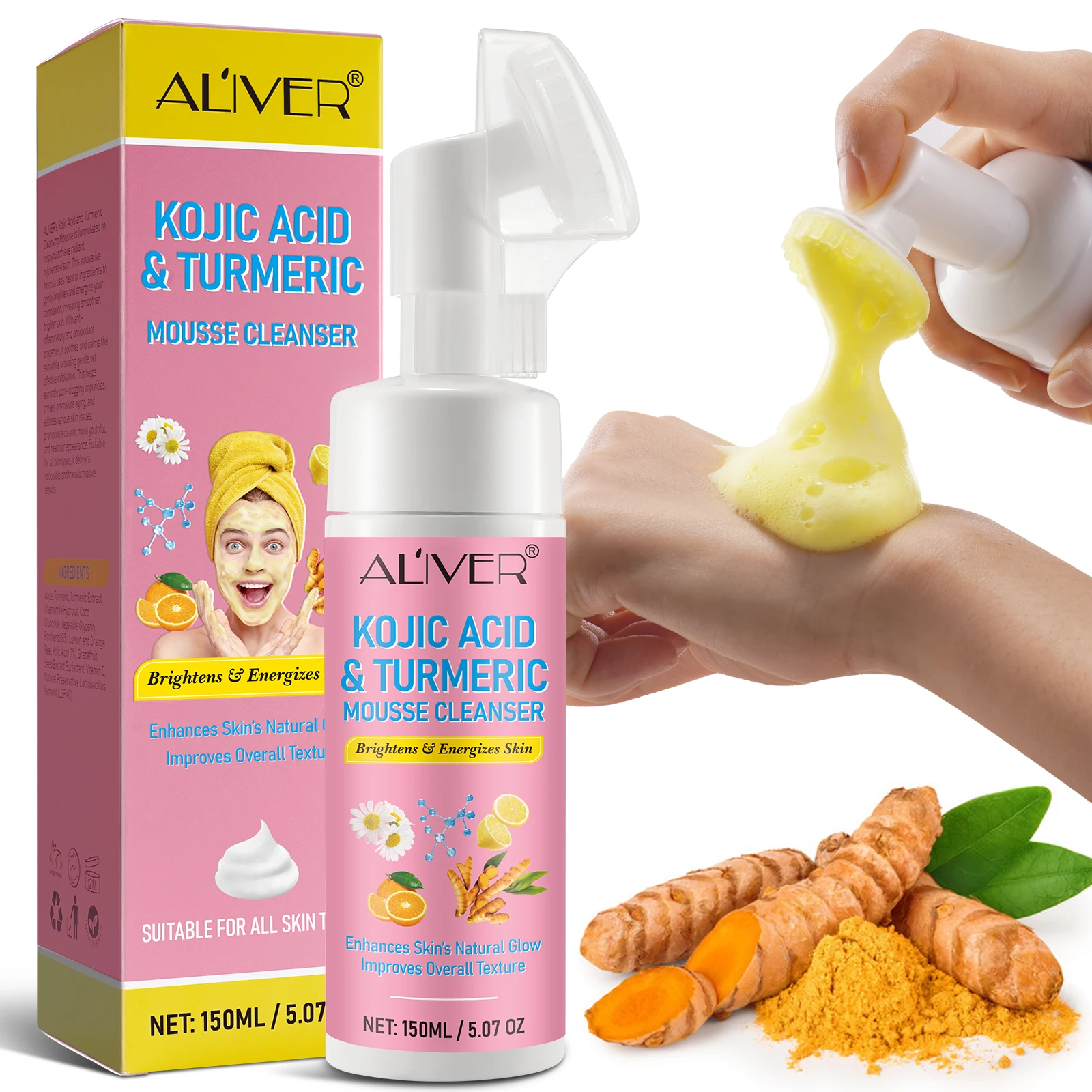 ALIVER Turmeric Cleansing Cream Deep cleansing Foaming Facial Cleanser Face Wash Turmeric Facial Cleanser Mousse for All Skin