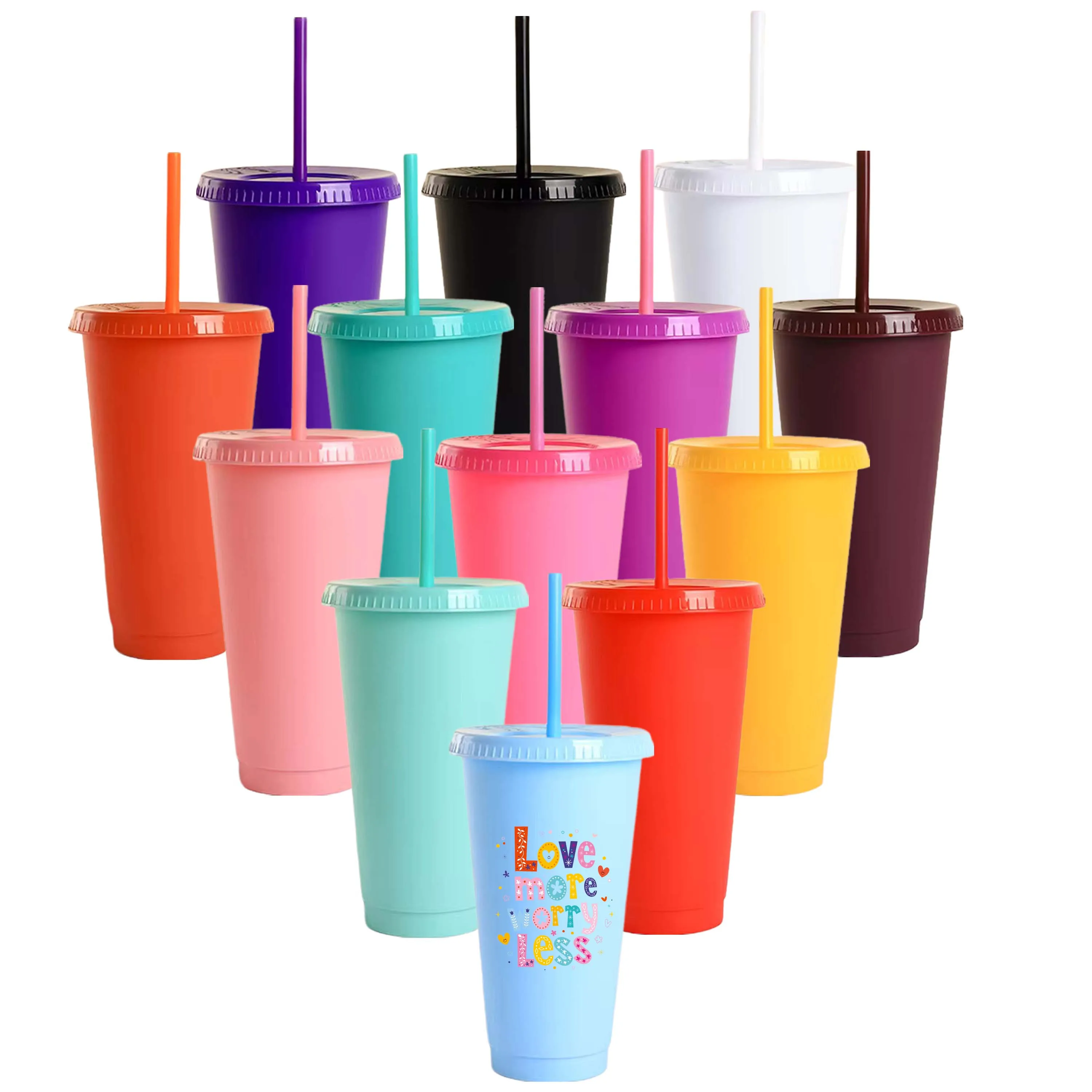 Custom Logo Summer New Mix Colors 24oz Cold Cups Party Colorful Recyclable Cup With Straw And Lid Plastic Water Bottle