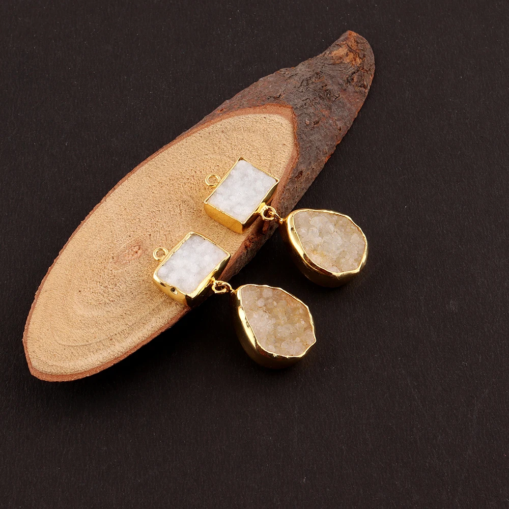 Gold Plated White Agate Druzy Earring Connector/ Collet Sett Rectangle & Round Shape Gemstone Finding Jewelry