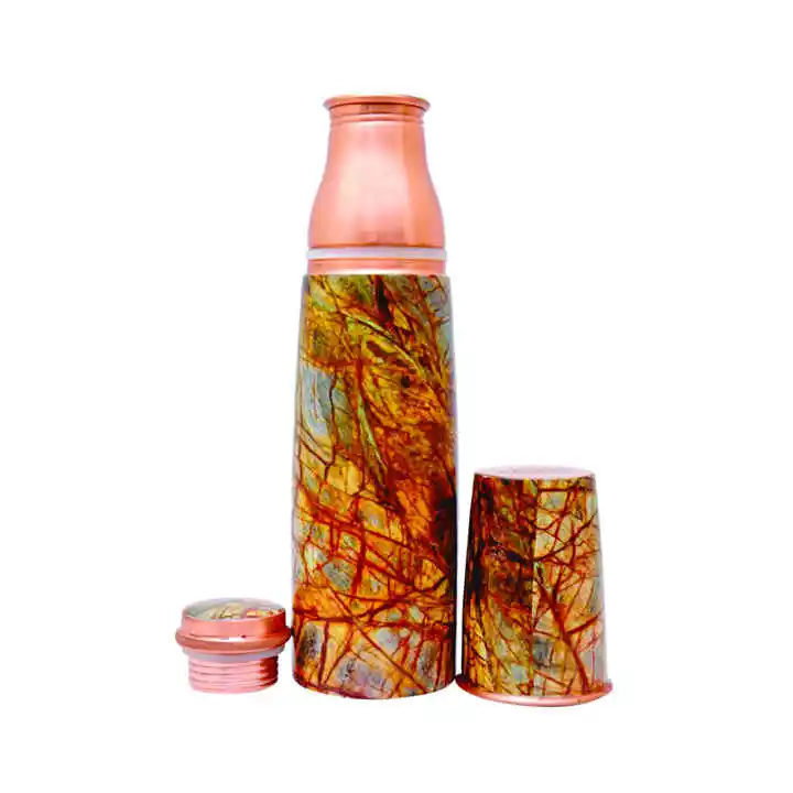 Eco Friendly Flower Printed Water Bottle Top Selling Floral Deign Ayurvedic Copper Water Bottle Trending Factory Supply