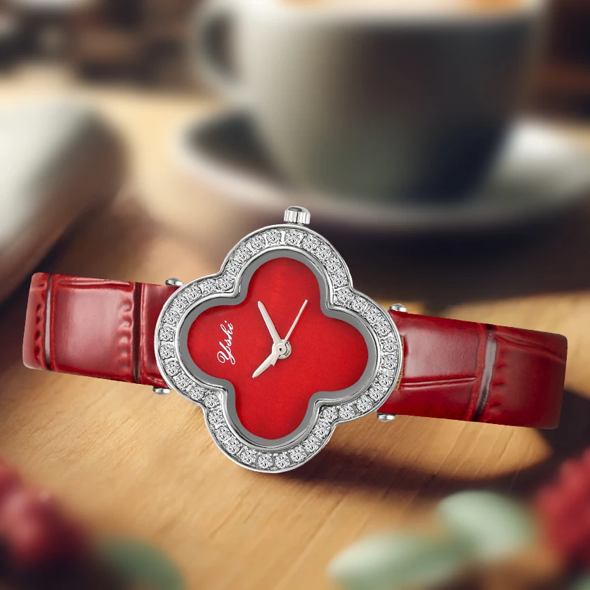 YSHI New Style Flower Shape Quartz Watches Leather Strap Elegant Women Wristwatch Ladies Watch