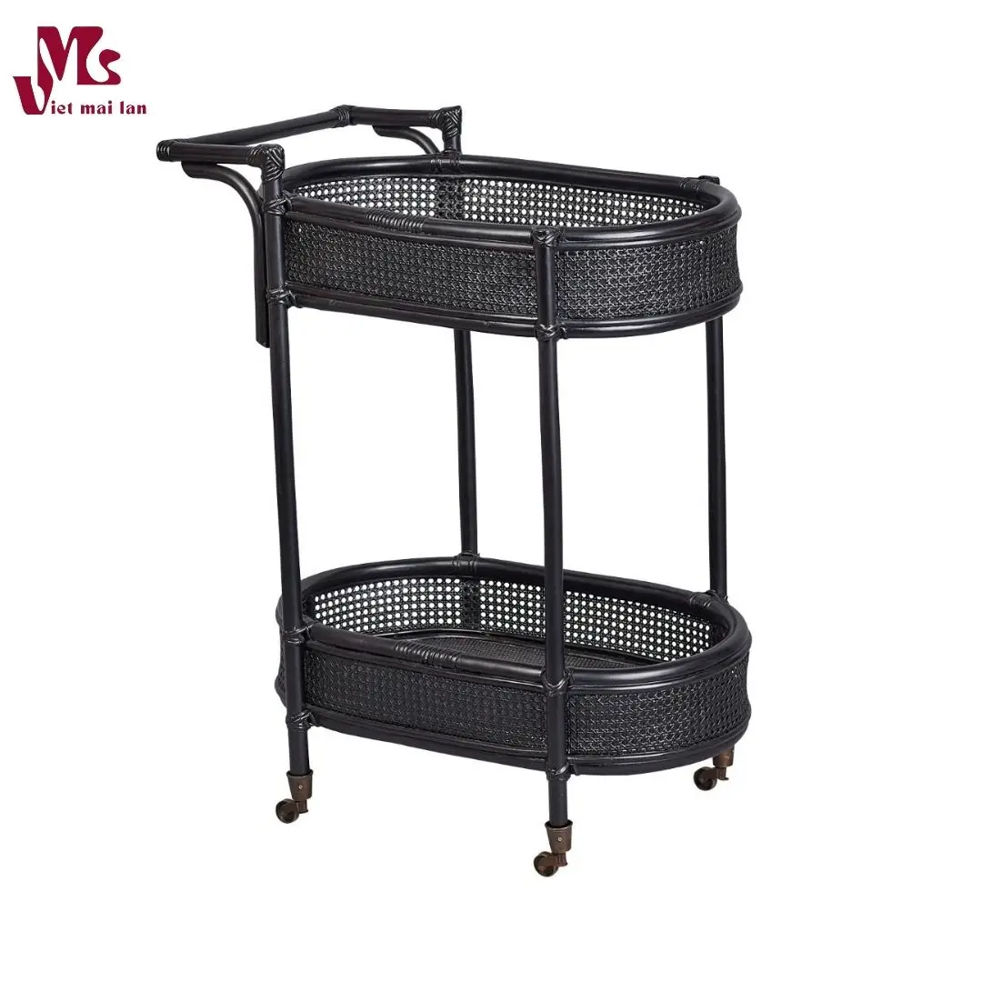 Round Rattan Side Table Rattan Bar Cart with Rolling Foot Woven Side Table Natural Brown Rattan Wine Cart