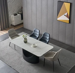 Minimalist Rectangular Marble Sintered Stone Top Steel Metal Legs Base Rectangular Dining Table