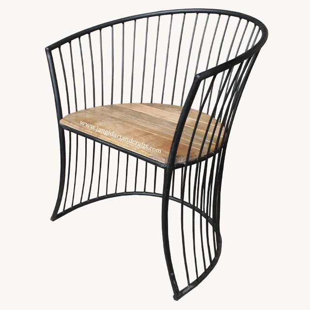 Industrial Iron Mess Wire Outdoor Garden Chair with Mango Wooden Top Indian Hotel and Restaurant Furniture Supplier