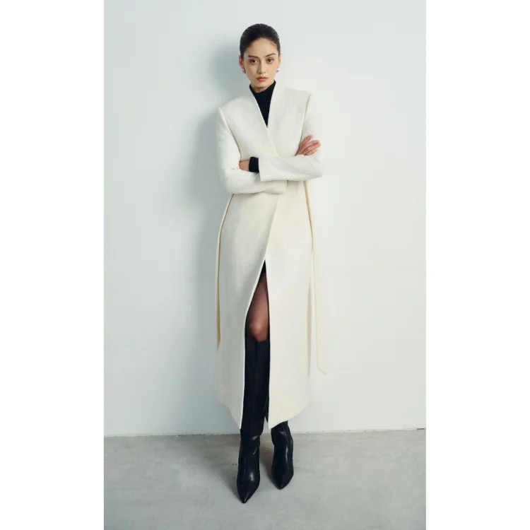 Best New Design NAAMAH HANDMADE COATS Factory Price Women Long Coat With Straps Tweed Wool Winter Coat For Women  WHITEANT