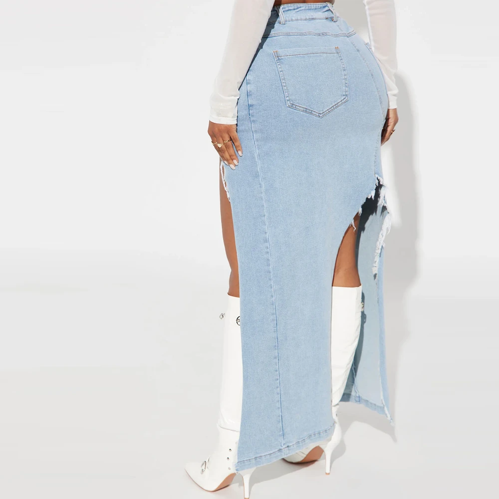 2025 Trendy Cross-Over Waist Button Closure Casual Wear Maxi Denim Skirts / High Quality High Waist Light Wash Women Denim Skirt