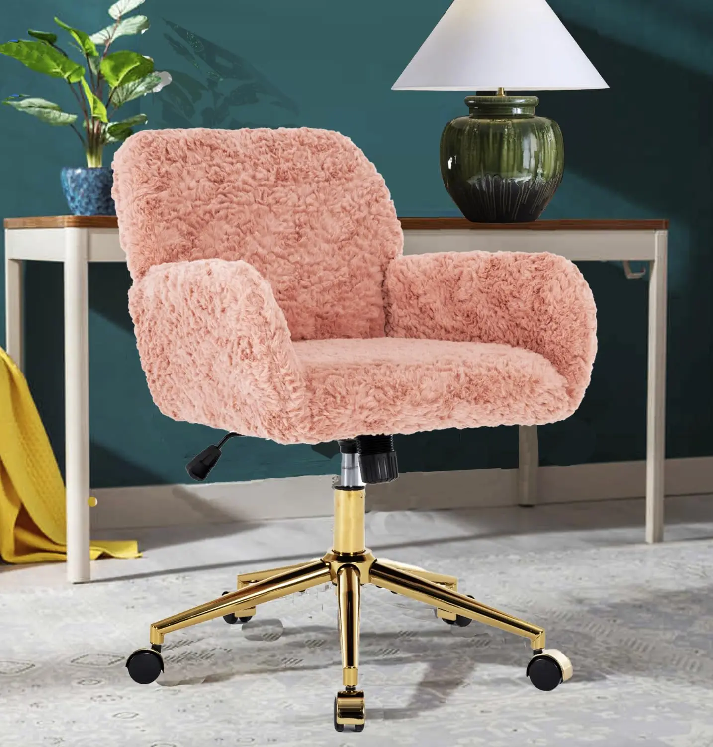 Pink Dressing Table Faux Fur Pink and Gold Fluffy Modern Luxury Leather Executive Ergonomic Office Chair