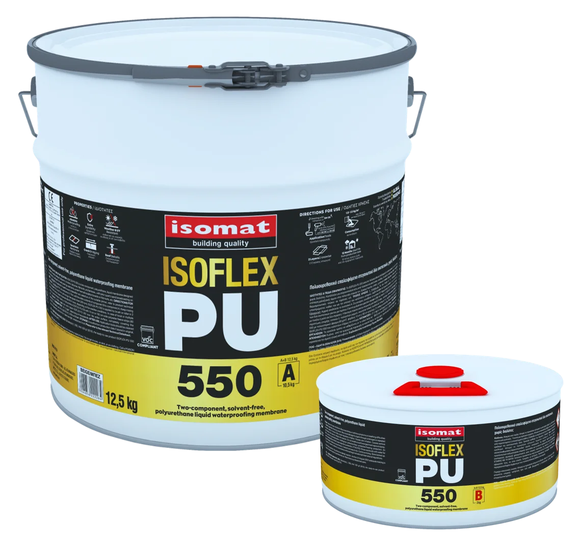 Solvent-free, 2-component, polyurethane liquid membrane for under-tile waterproofing. | ISOFLEX-PU 550