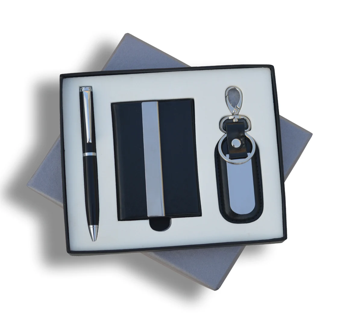 Black 3-in-1 Gift Combo of Visiting Card Holder, Key Ring & Metal Pen Promotional and Business Gifts Gift Set for Men and Women