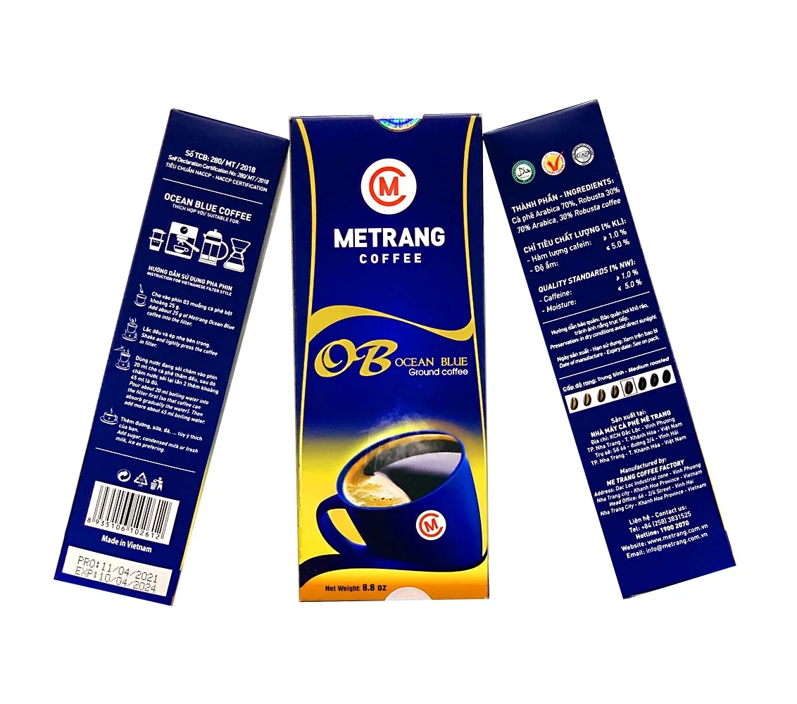 Wholesale Bulk Medium Roasted Type Ocean Blue Ground coffee  With 100% Arabica Robusta coffee Made in Vietnam