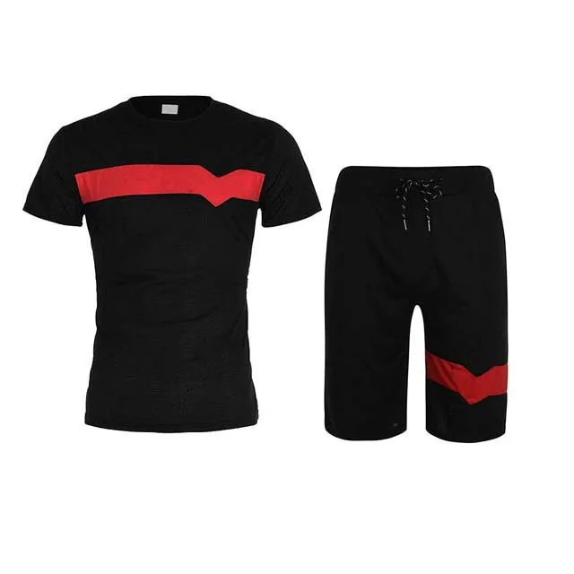 OEM Customized Logo Black and Red Color Slim Fitness 100%Cotton Customized Logo Embroidery Printing Men T Shirts and Shorts Sets