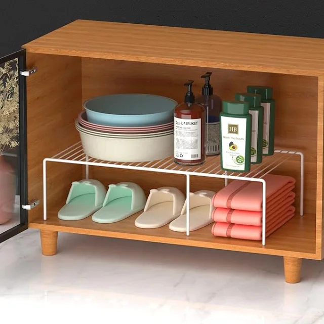 Modern Cabinet Storage Shelf Rack: Expandable Rustproof Metal Organizer for Kitchen Counters and Cabinets