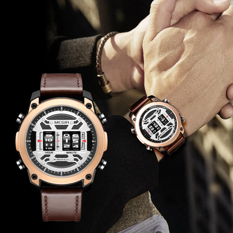 MEGIR 2142 Drum Roller Watch for Men Fashion Quartz Wristwatch Leather Strap Sports Men Designer Wristwatch relogio masculino
