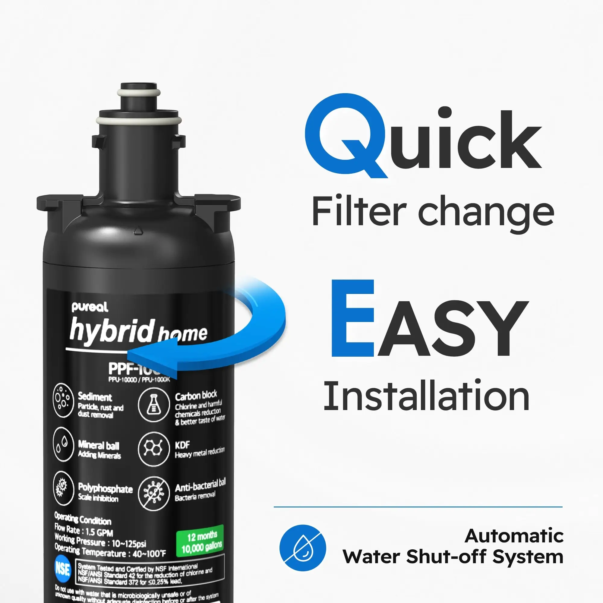 Pureal Hybrid Home PPU-1000D Under Sink Water Filter System, 10K Gallons, NSF/ANSI 42&372, Mineral Sediment Carbon Block
