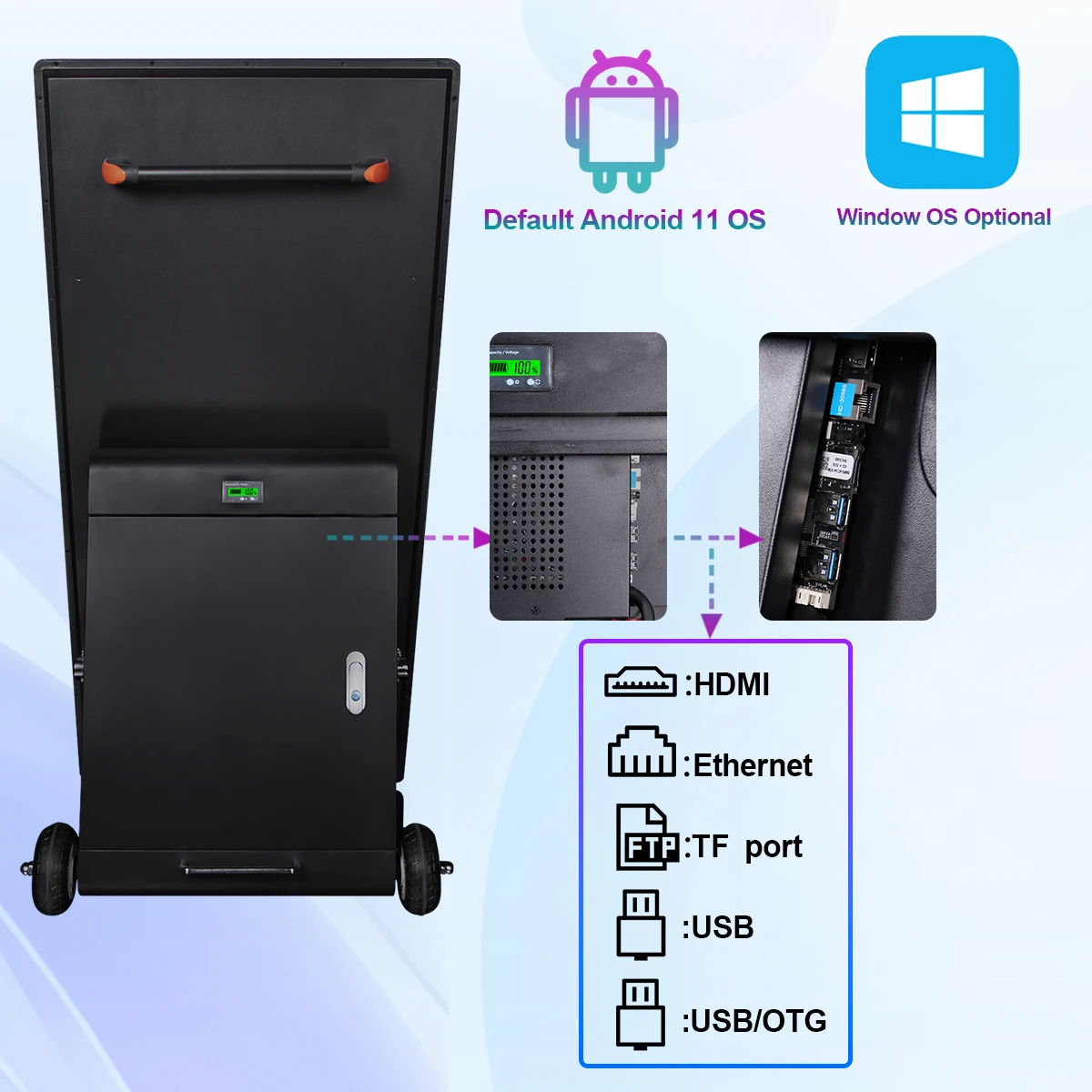 360SPB OPO43 lcd advertising display with 43inches screen and 4 Key Locking Wheels to Secure Unit