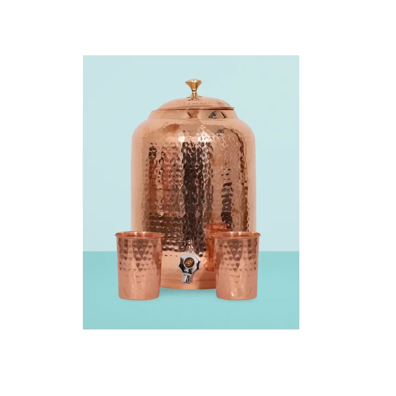 Best Quality Copper Water Cooler Custom Handmade Hammered Water Cooler Copper With Glass and Steel Stand Made in India