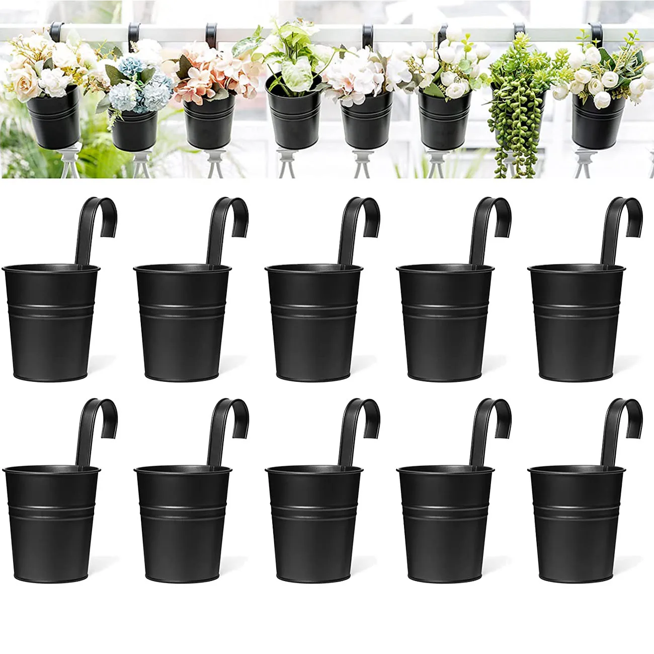 Hanging Flower Pots Metal Iron Bucket Planter Glazed Hanging Bucket Pots Countryside Style Window 6 Pieces Super Markets