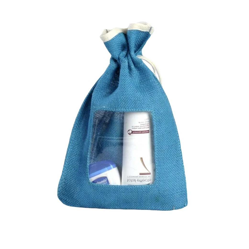 Wholesale Custom Logo Printed Small Window Cosmetic Packaging jute Promotional Drawstring Bag