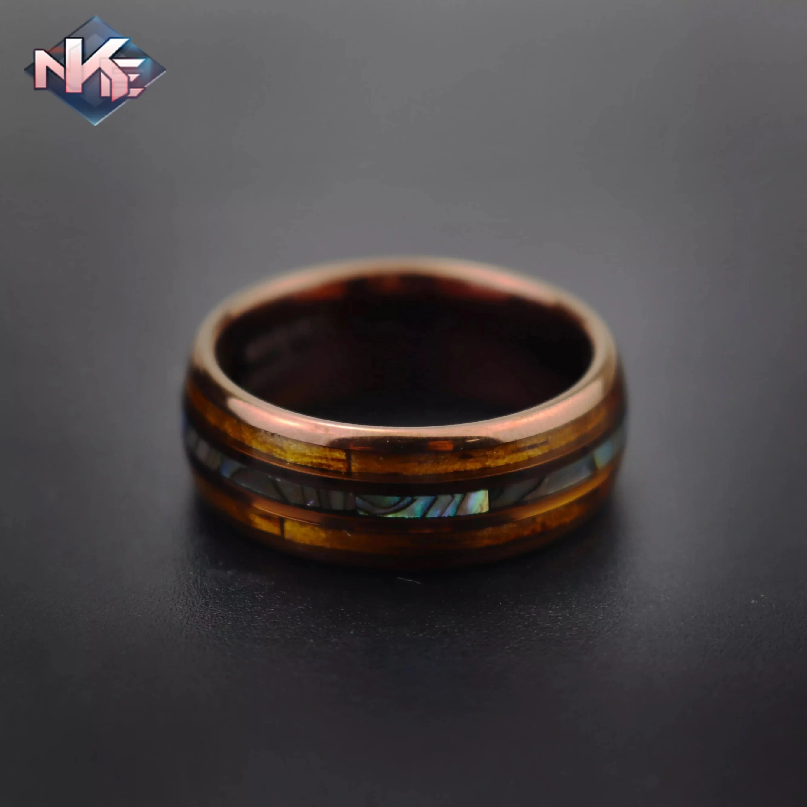 Mens Abalone Shell Whiskey Barrel Wood Inlay Coffee Tungsten Carbide Rings Ring For Men