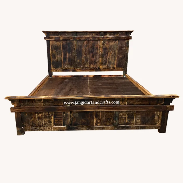 Solid Wood Burnt Finish Platform Rustic Style Home Furniture with Recycled Wood Furniture Old Wooden Mattress 180CM King Bed