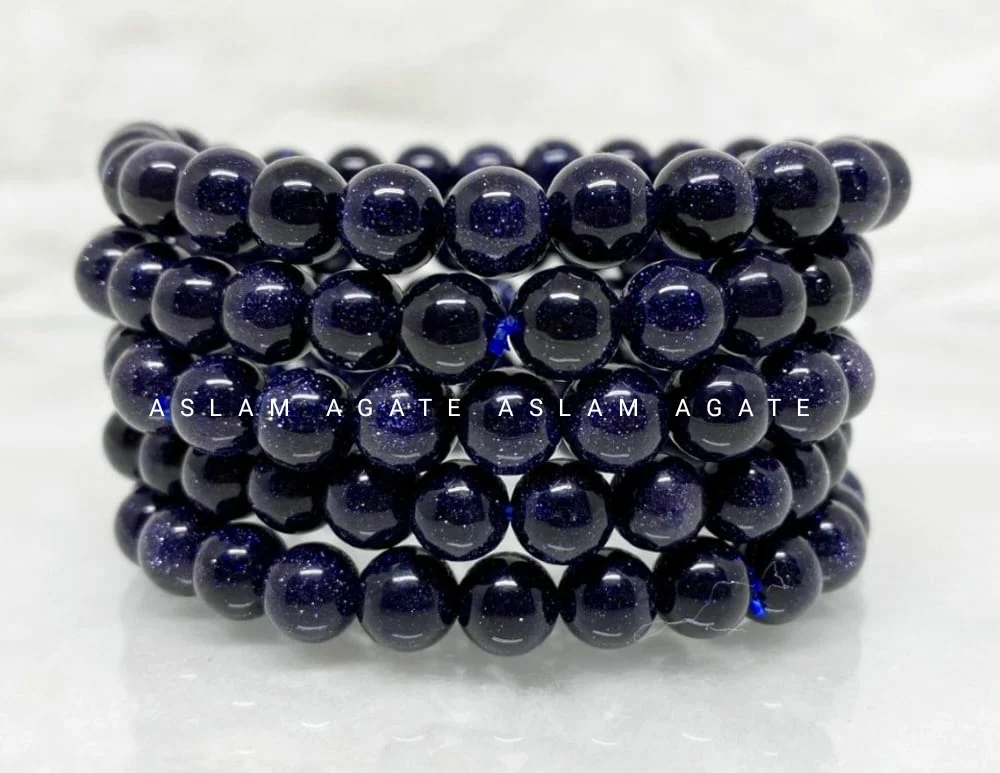 8mm Natural Blue Goldstone  Beaded Bracelet ,Blue Goldstone  Gemstone Bracelet 4mm To 8 mm ,3 Cord strong Rubber Bead Bracelet