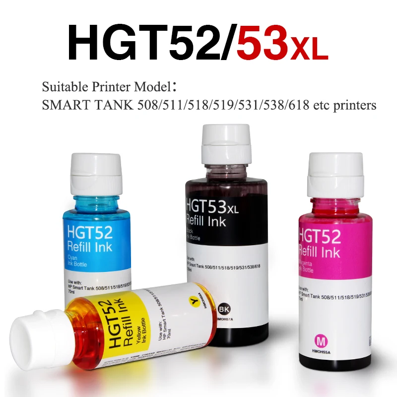 Hot Sale Refill Ink 135ml K 70ml CMY Hp HGT52/GT53XL Dye Ink for Smart Tank 508/511/518/519/531/538/618