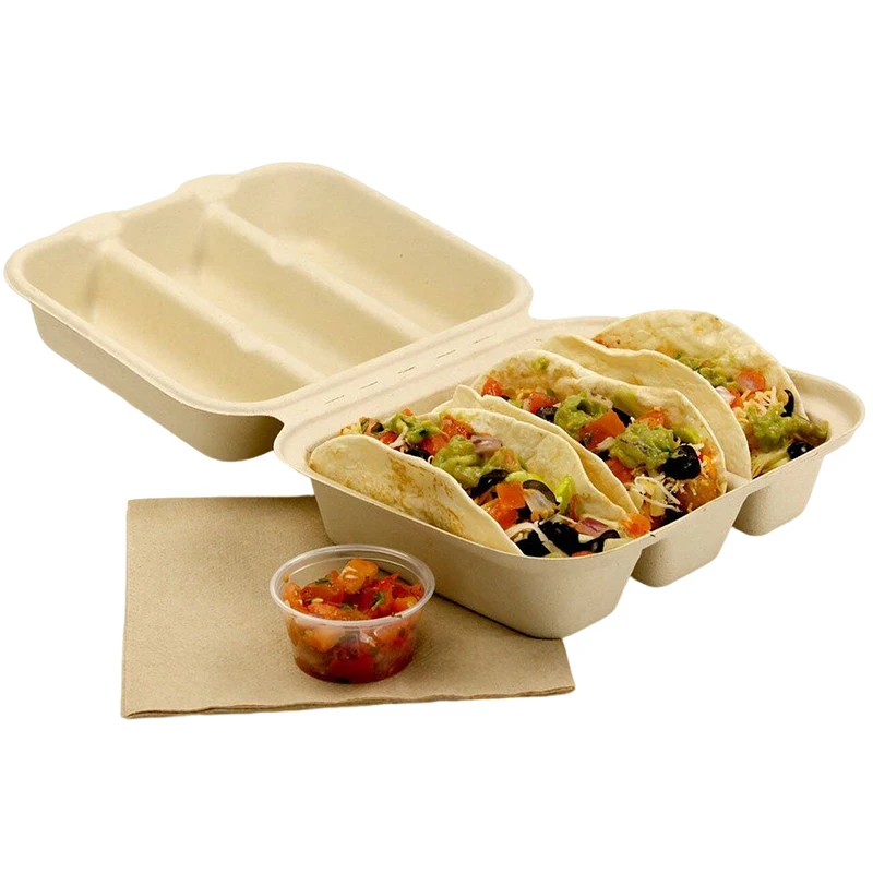 Wholesale Biodegradable Sugarcane Bagasse Packing Box Disposable Taco Plate Container for Restaurant
