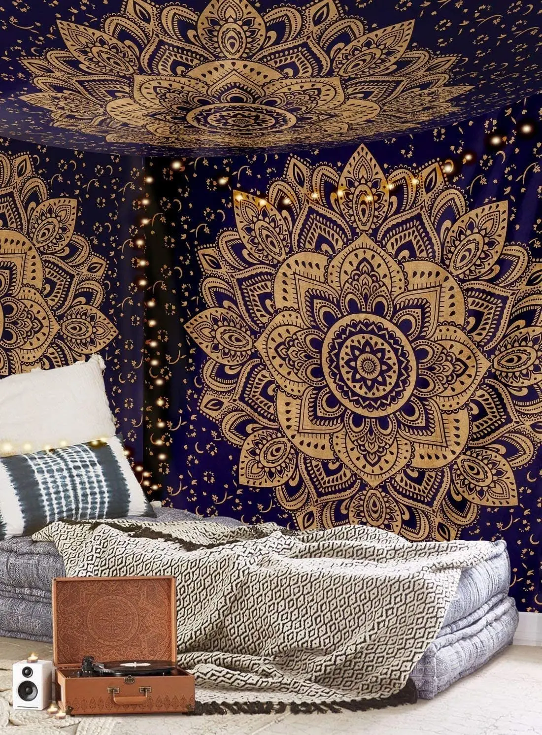 Best Quality Blue Golden Color Mandala Tapestry Wall Hanging Bohemian Bedspread Tapestries for Living Room Bedroom Decor